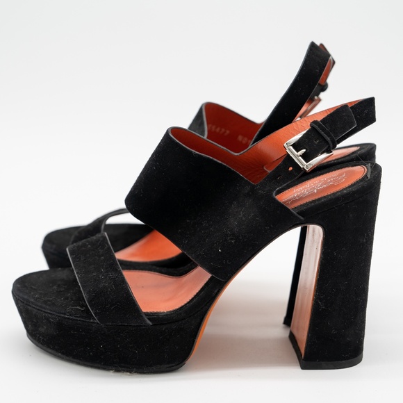 size 39 EU / 9 US Santoni Sandals Black Velvet Strap Slingback Block Heel - Picture 4 of 11